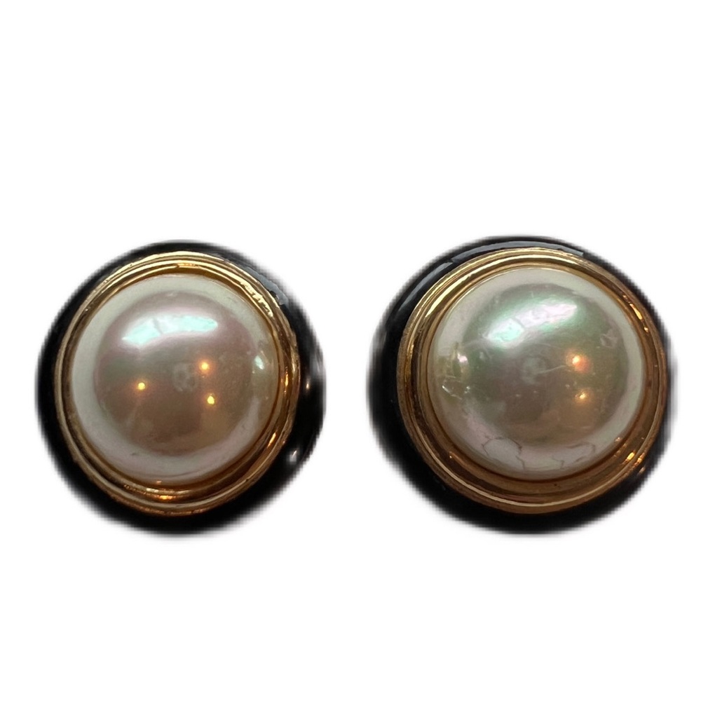 Vintage Christian Dior Gold Plated Faux Pearl Black Oval Clip On Earrings